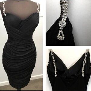 Nicole Bakti Dress Diamond Rhinestone Strap Ruched Evening Cocktail Bodycon